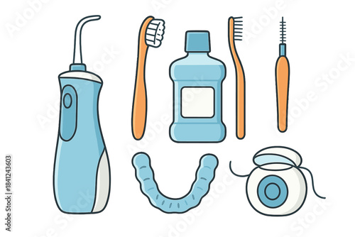 Essential oral hygiene tools set including water flosser, toothbrush, mouthwash, and dental floss