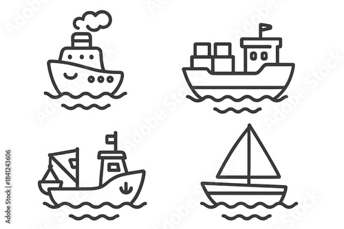 Simple line icons set of various marine vessels: cargo ship, sailboat, steamer, and fishing boat