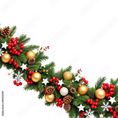 Christmas garland with pine branches, berries, ornaments, snowflakes, and stars vector illustration on white