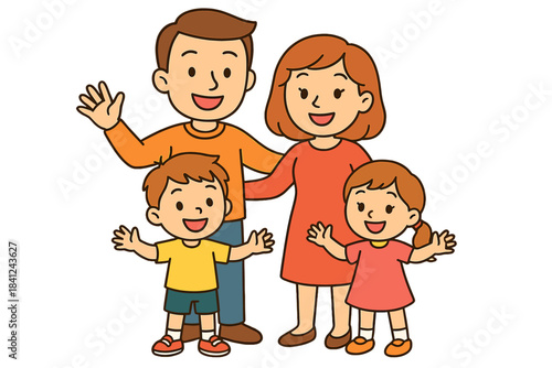 Cheerful family portrait of parents, young boy, and girl waving happily
