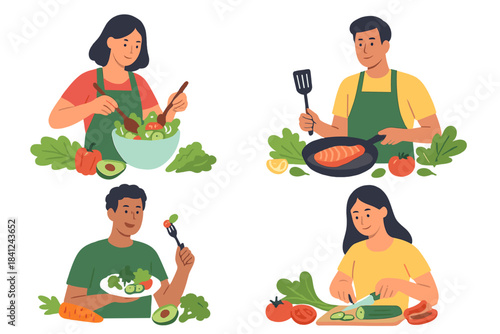 Diverse people cooking, preparing, and eating healthy fresh food in various kitchen scenes