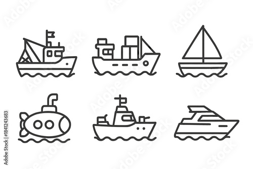 Collection of various water transport vessels including ships, boats, submarine, and sailboat