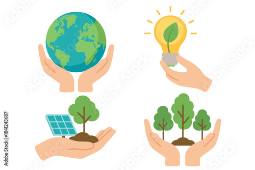 Hands holding Earth globe, green energy lightbulb, solar panel, and trees for environmental protection