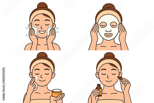 Woman performing four steps of a facial beauty regimen: washing, mask, moisturizing, and serum
