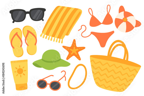 Summer beach accessories set with sunglasses, bikini, towel, flip flops, and sunscreen