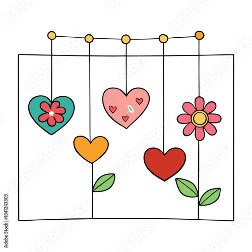 A charming greeting card featuring delicate hearts and flowers hanging on soft strings, creating a sweet, uplifting display that adds warmth, love, and elegance to any message.
