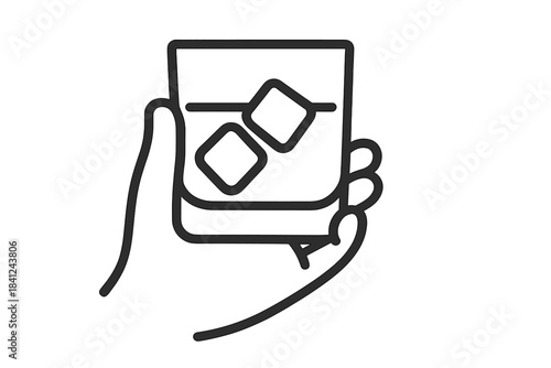 Human hand gripping a rocks glass filled with a cold alcoholic beverage and ice cubes for refreshment