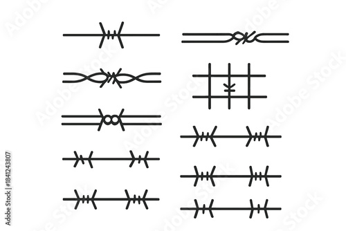 Collection of black outline icons showing barbed wire and security fences