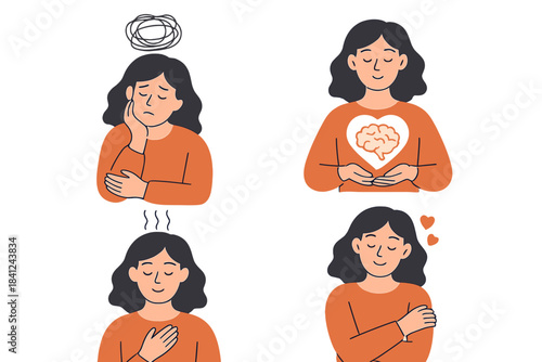 Woman transitioning through emotional states from anxiety and stress to mindfulness and self-love