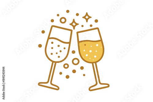Minimalist golden design of two champagne flutes clinking together in a celebratory toast