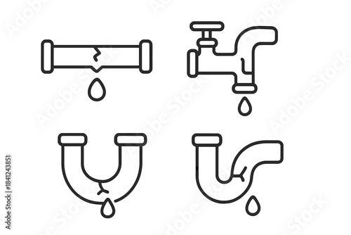 Outline icons showing common plumbing problems such as cracked pipes and dripping faucets