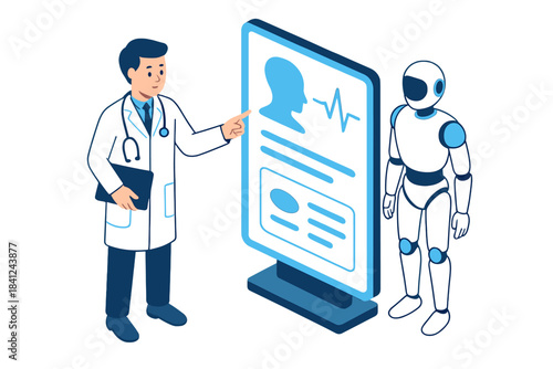 Doctor and robot reviewing patient medical records on a large digital screen