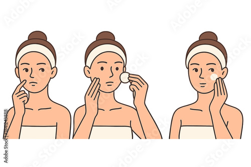 Woman performing three steps of a facial skincare routine for acne treatment