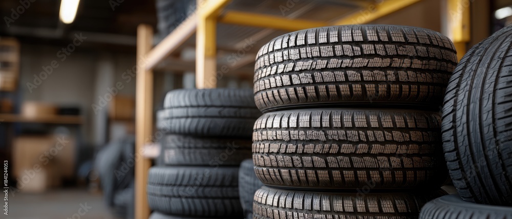 Obraz premium Stack of tires in a garage showing dark tones and blurred background with focus on tread pattern and texture