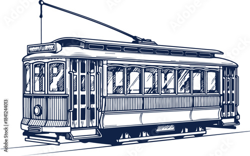Vintage Electric Streetcar with Overhead Power Line and Large Windows tram trolley