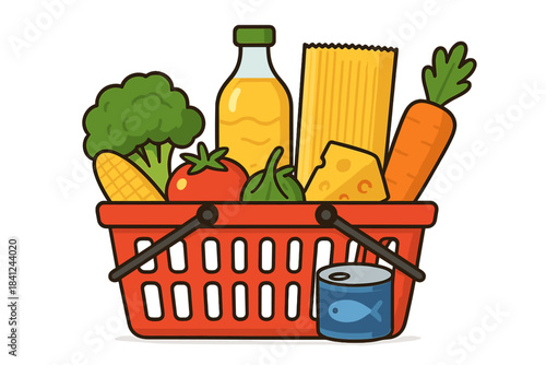 Groceries in a red plastic basket including broccoli, corn, tomato, carrots, pasta, and canned food