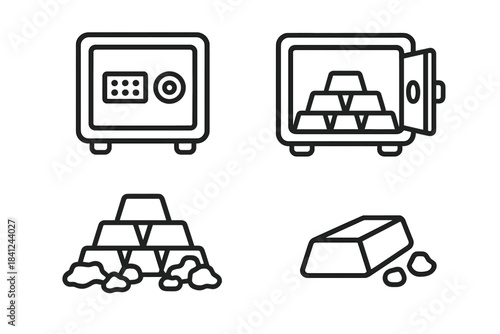 Line icons representing financial security, safe deposit boxes, and stacks of gold bars