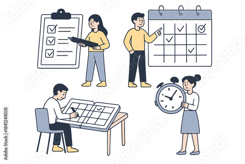 People organizing tasks, marking deadlines on a calendar, and focusing on time management