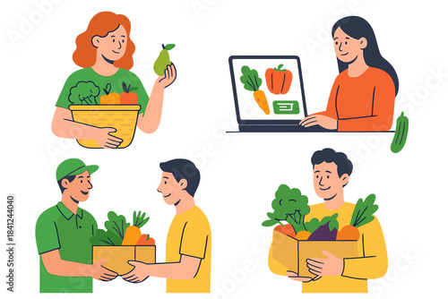 People shopping for fresh organic produce, ordering groceries online, and receiving home delivery