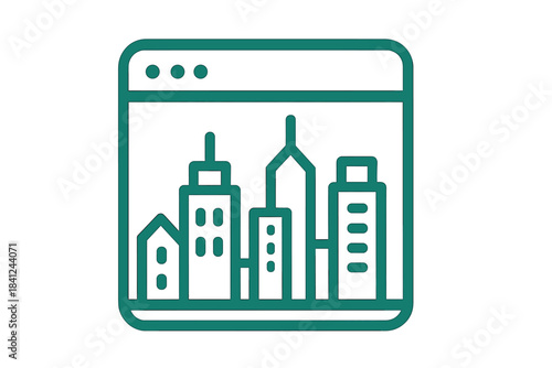 Modern city skyline icon displayed in a web browser window for digital urban planning