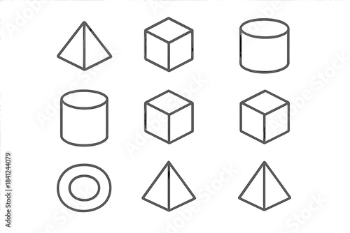 Isometric outline geometric shapes icon set featuring cubes pyramids cylinders and torus
