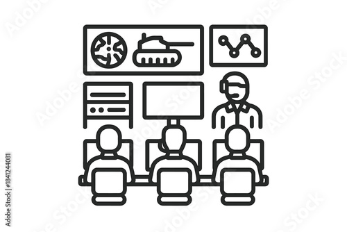 Military command center operations with analysts monitoring tactical data screens