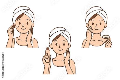 Woman applying serum and moisturizer cream during daily facial skincare routine