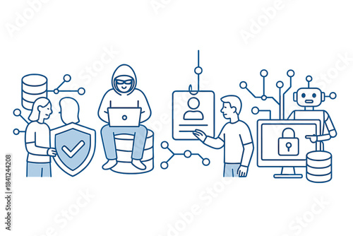 Cybersecurity threats and data protection concepts with hacker, phishing, and secure network connections