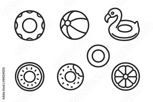 Collection of summer pool floats, beach ball, and ring-shaped food outline symbols