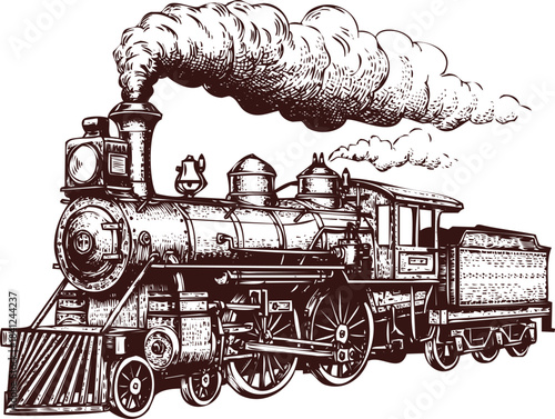 Vintage steam locomotive emitting smoke with detailed illustration style steam engine train