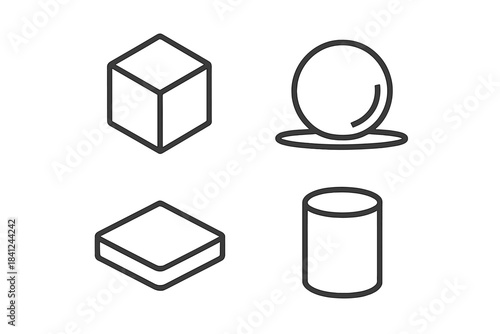 Outline icons of fundamental geometric shapes including cube sphere cylinder and box