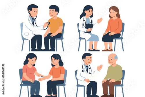 Diverse medical consultations, doctor patient checkups, and prenatal care interactions
