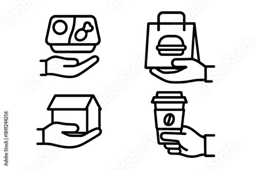 Hands holding takeout food, coffee cup, shopping bag, and house symbol for delivery services