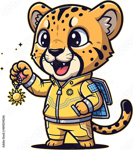 Cheerful Tech-Savvy Cheetah Mascot Displaying a Sparkling Sun Pendant - Sustainable Future