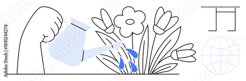 Gardening, sustainability, environment, growth, nurturing, and ecology. A hand pours water from a watering can onto blooming flowers. Gardening and sustainability ideas illustrated visually