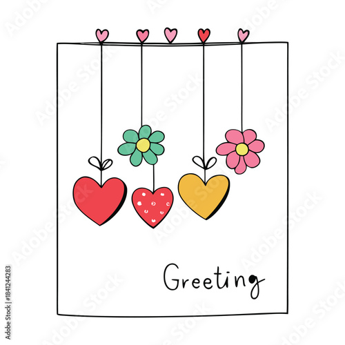 A charming greeting card featuring delicate hearts and flowers hanging on soft strings, creating a sweet, uplifting display that adds warmth, love, and elegance to any message.