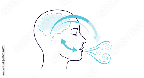 Line art illustration showing a person practicing deep breathing exercises for mindfulness, relaxation, and mental clarity.