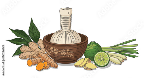 Traditional Thai spa and massage therapy ingredients including a herbal compress ball, turmeric, ginger, bergamot, and lemongrass.