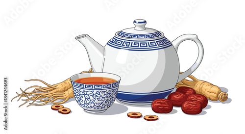 Traditional Chinese herbal tea with ginseng root and red dates served in a classic blue and white porcelain teapot and cup.