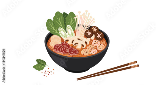 Delicious bowl of Asian ramen noodle soup with various toppings like mushrooms, meat, and vegetables with chopsticks on the side.