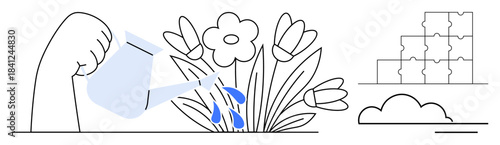 Growth concept. Growth through watering flowers with line art showing care and nurturing. Growth as collaboration, education, sustainability, and personal development. Perfect for projects