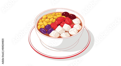 Colorful bowl of traditional Taiwanese sweet soup dessert with toppings like taro balls, red beans, peanuts, and tofu pudding.