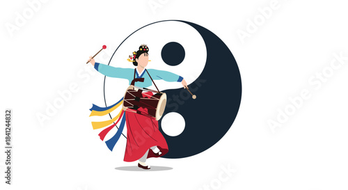 Korean woman in traditional hanbok performing a janggu drum dance in front of a large black and white yin yang symbol.