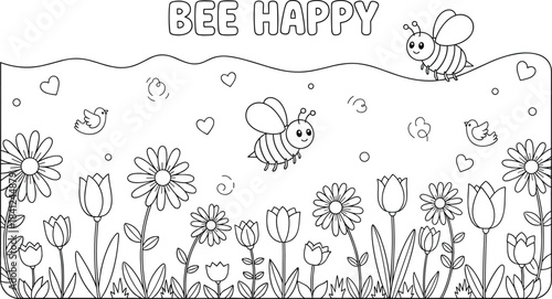 Cute Cartoon Bees and Flowers with " BEHAPY" Text in Outline Style garden nature