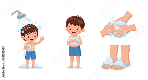 Set of cute cartoon illustrations showing a young boy's daily hygiene routine of showering and washing his hands and feet.