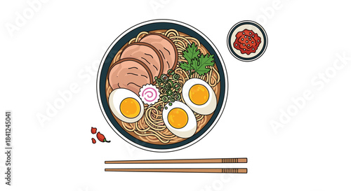 Top-down illustration of a delicious bowl of Japanese tonkotsu ramen with pork, egg, and narutomaki with chopsticks nearby.