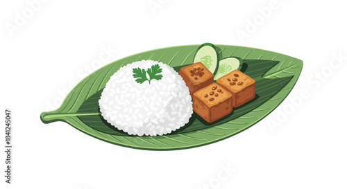 Simple and healthy vegetarian meal of white rice, fried tofu, and cucumber served on a fresh green banana leaf plate.