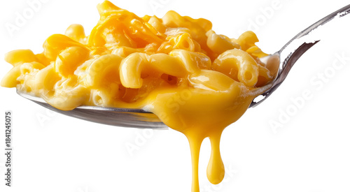 cheesy mac and cheese on spoon isolated on white or transparent background
