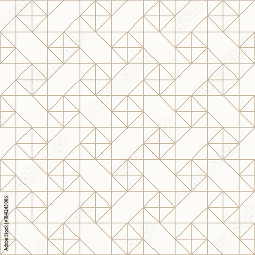 Thin golden brown outlines on light beige background, seamless geometric linear pattern. Perfect for wallpapers, textiles, packaging, wrapping paper, gold line texture