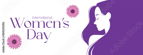 Editable 8 March Women’s Day celebration horizontal banner and social media cover with floral background, elegant female silhouette, modern website banner header design for marketing promo